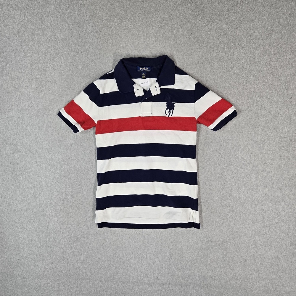 Polo Ralph Lauren Boys Polo M Navy Embroidered Striped Big Pony Rugby Shirt